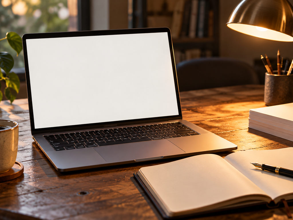 Laptop i notatnik przy lampie