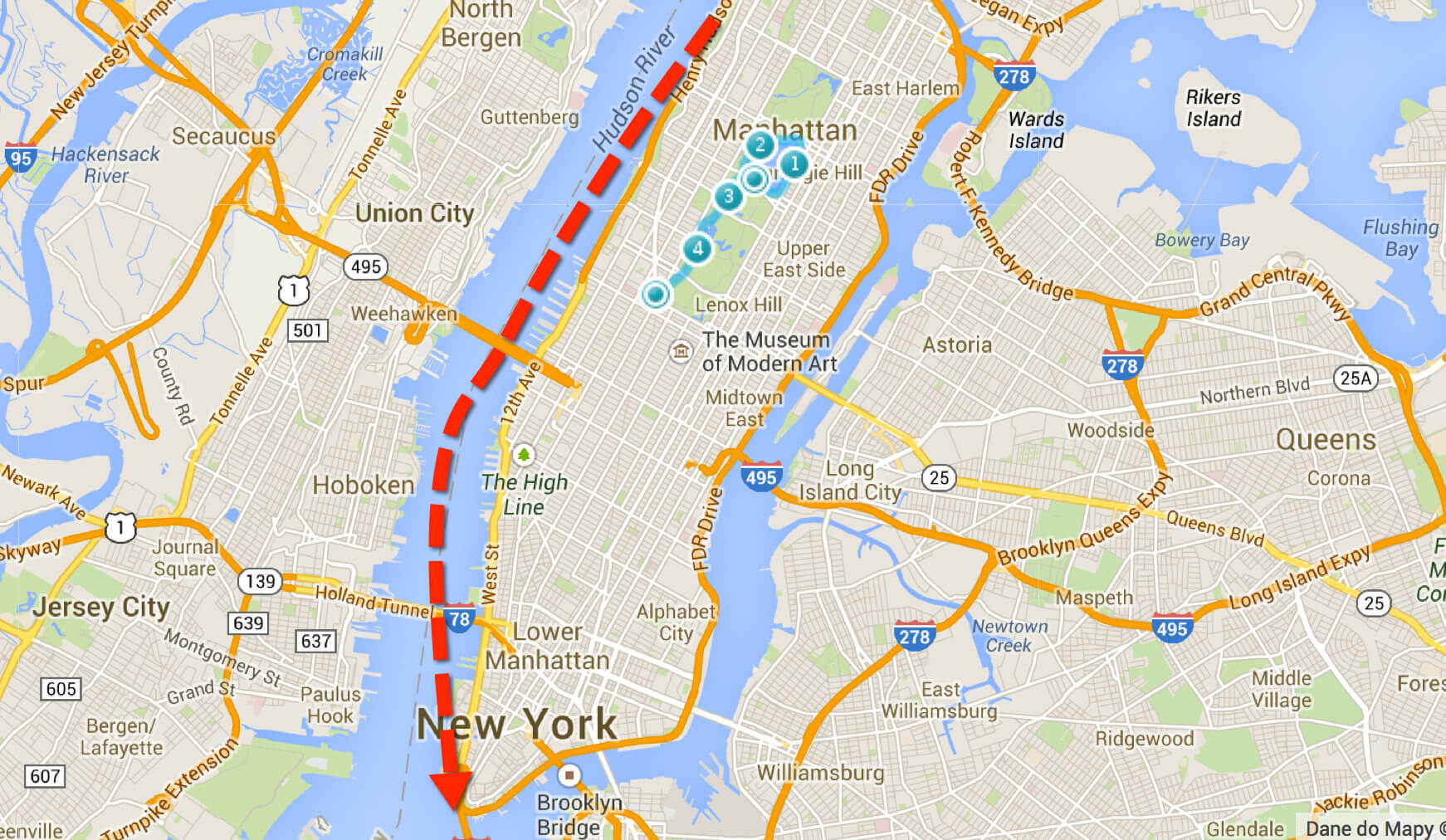A tu na czerwono trasa dzisiejszego biegu. Początek na granicy Manhattanu z Harlemem. Koniec – czubek wyspy.