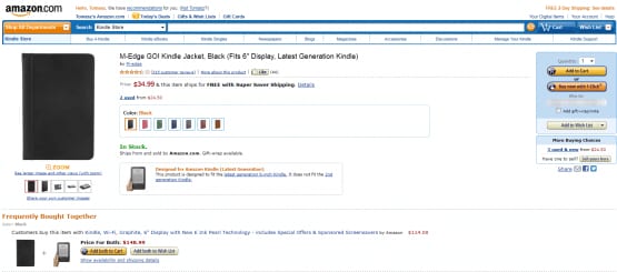 Obowiązkowo kupujemy od razu cover. Kindle niewygodnie czyta się i użytkuje bez odpowiedniego futerału. Te, które oferowane są na Allegro nie dość, że są droższe od oryginalnych z Amazon, to w dodatku jakościowo i funkcjonalnie odstają od nich. NIE kupujemy futerałów na allegro. Powyższy model polecam. Jest lekki, wytrzymały, ładny i co ważne – Kindle trzyma się w nim na gumkach, co jest i wygodne i estetyczne. Klikamy Add to Cart , a następnie wchodzimy do naszego koszyka.