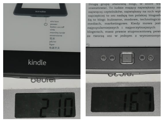 Wydawało mi się, że jest cięższy i faktycznie. Blisko 25%. Niby niewiele, ale jest to jakaś wada, zważywszy, że większość czasu spędza się z Kindle trzymając je w dłoni.