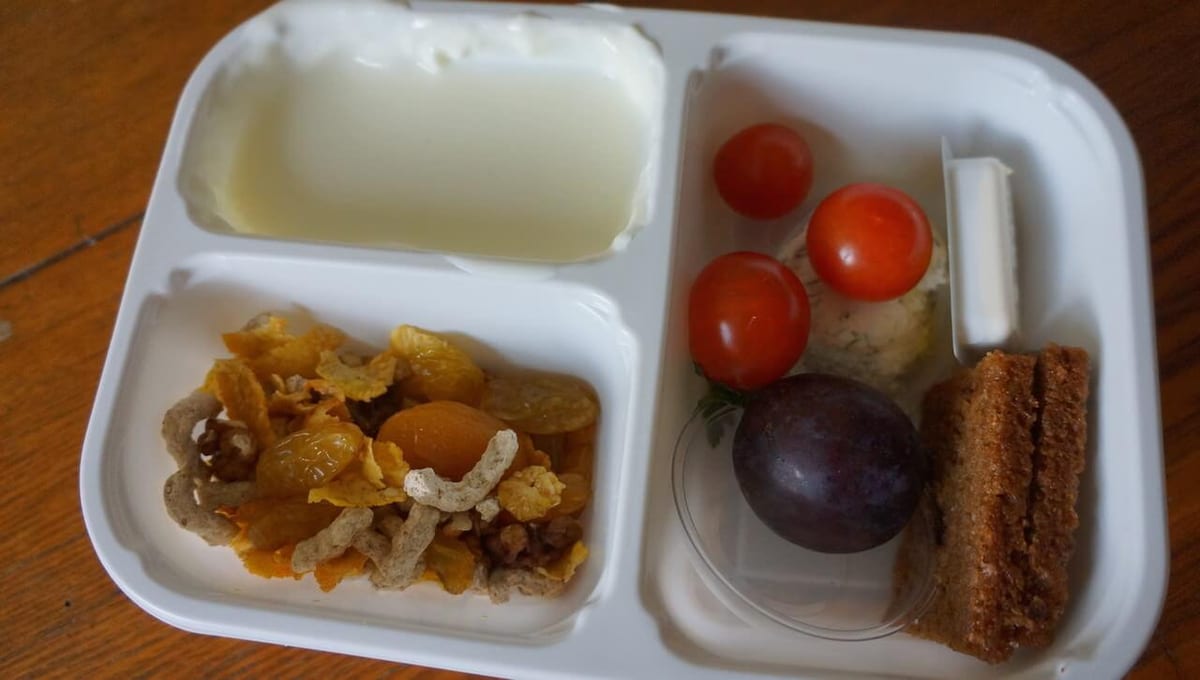 Śniadanie. Jakiś jogurt, kilka suszonek, a w drugiej przegrodzie dwie półówki połowy kromki chleba plus jakaś pasta, przykryta trzema pomidorami. No… no dobrze. Przecież to ma być dieta, trudno wymagać czegoś niesamowitego. Ciekawe co dadzą jutro…
